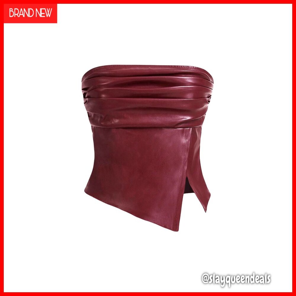 Faux Leather Strapless Crop Tube Top Ruched Split Club Shirt